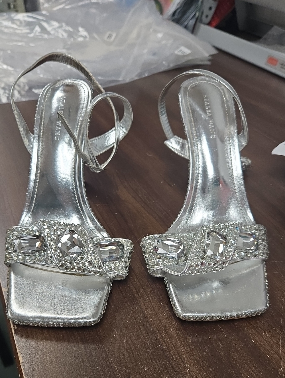 Azalea Wang Size 9 Crystal-Embellished Silver Ankle Strap Heels
